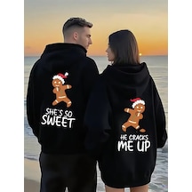 Nevermınd Sevgili Çift Kombin Hoodie - Gingerbread Baskılı Oversize Kapüşonlu Sweatshirt 2 Li Set Siyah Siyah