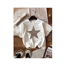 Medinenur Leopar Desenli Yıldız Detaylı Basic T-shirt Beyaz