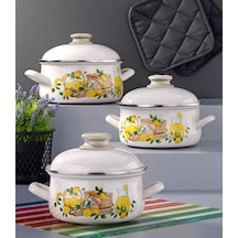 Bonera Emaye 6 Parça Krem Set Emaye Kapaklı - Limon Dekor