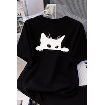 Luz&pos Kadınlar İçin Siyah Kedi Grafik Tişört - Oversize Kısa Kollu Üst Nefes Alabilir - Siyah Siyah