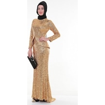 Nidya Moda Peplumlu Dore Payet Elbise-4047D Altın