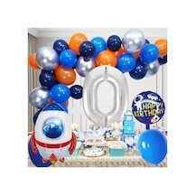 0 Yaş Uzay Temalı Doğum Günü Seti Uzay Mekiği Happy Birthday Yazı Renkli Balonlar Gümüş Folyo Rakam Çok Renkli