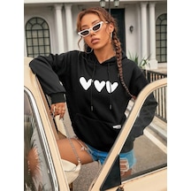 Kadın Kalp Baskılı Kapüşonlu Sweatshirt Siyah Siyah