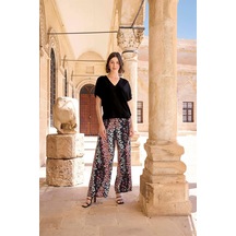 Monamise Kadın Çiçek Desenli Kısa Kollu Alt Üst Takım 23059-siyah Siyah