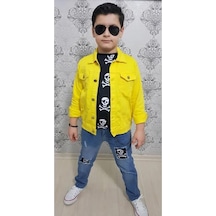 MODAVALS GABARDİN CEKETLİ KURU KAFA TASARIMLI ERKEK ÇOCUK KOT KOMBİN - SARI