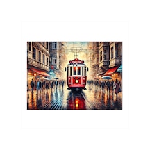 Yağmurlu İstanbul Ve Kırmızı Tramvay Desenli Mdf Tablo