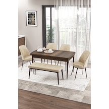 Canisa Zen Serisi 80x132 Mdf Açılabilir Barok Ahşap Desen Masa Takımı 4 Krem Sandalye Ve 1 Bench Masa Barok Sandalye Ve Bench Krem