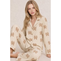 Kadın Uzun Kol Rahat Krem Pijama Takımı 4759