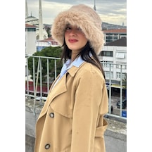 Mollycrush Kadın Kışlık Camel Kürk Detaylı Peluş Şapka Yumuşak Dokulu Soğuk Geçirmez Bucket Camel