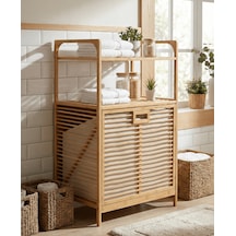 Bambu Kirli Sepetli 2 Raflı Çok Amaçlı Banyo Düzenleyici Çamaşır Sepeti Organizer 64 40 95cm Bej