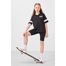 Tommylife Siyah V Yaka Kemer Detaylı Standart Fit Performans Kız Çocuk Tayt Takım - 75187 Siyah