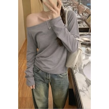 Cool Tarz Antrasit Kadın Düşük Omuz Kayık Yaka Oversize Uzun Kollu T-shirt Antrasit Antrasit
