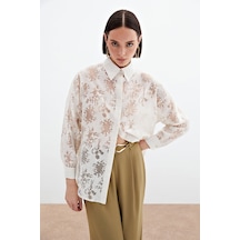 Sateen Kendinden Desenli Salaş Gömlek - Krem-136059 Krem