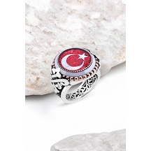 Mineli Türk Bayrağı Kenarı Çember Taşlı Gümüş Erkek Yüzük -4698