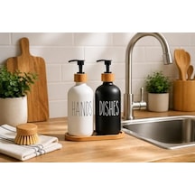 2 Li Hands Dishes Siyah Beyaz Cam Sıvı Sabunluk Seti 500 Ml, Bambu Standlı Dekoratif Mutfak & Banyo Sabunluk Dispenser Seti Şık Modern Tasarım 000 Açık Krem