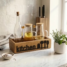 Ahşap Mutfak Organizeri Yağdanlık Standı Kitchen Yazılı Tezgah Üstü Şişe Düzenleyici Açık Kahverengi