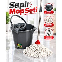 Temizlik Mop Seti - Yuvarlak Mop Ve Su Kovası Sıkma Hazneli 12 Lt Ve Saplı Mikrofiber Mop Seti-gri Kova