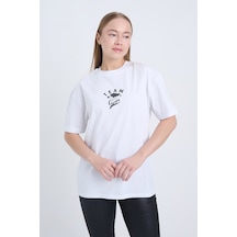 Kadın Oversize Baskılı T-shirt Beyaz Team Beyaz