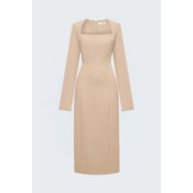 Sateen Midi Boy Uzun Kollu Klasik Elbise - Bej-138094