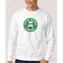 Star Wars Coffee Baskılı Beyaz Erkek Örme Sweatshirt
