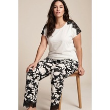 Siyah İnci Desenli Büyük Beden Battal Boy Viskon Örme Pijama Takım 26119522 Ekru