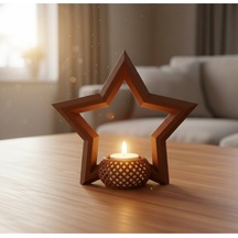Yılbaşına Özel 3d Baskı Yıldız Tealight Mum Tutucu Seti 2 Adet - Kahverengi/gri