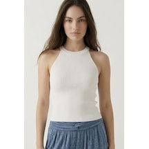 Neden Tekstil Kadın Fitilli Halter Yaka Crop Bluz - Beyaz