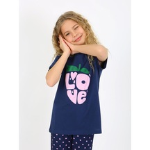 Kız Çocuk Kısa Kollu %100 Pamuklu Pijama Takımı Cute Love Lacivert