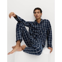 Marks & Spencer Saf Pamuklu Kareli Pijama Takımı T07004777 Lacivert