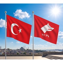 Göktürkçe Türk Yazılı Kurt Bayrağı Ve Alpaka Kumaş Türk Bayrağı 2'li Set 70x105cm Diğer