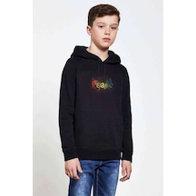 Tshirthane Peace Baskılı Unisex Çocuk Kapüşonlu Siyah Sweatshirt Siyah