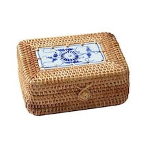 El Yapımı Rattan Saklama Kutusu - Ahşap Kapaklı Makyaj Organizatörü - Mavi-beyaz Porselen Detaylar - Ahşap Renk - 16x12x6cm Ahşap