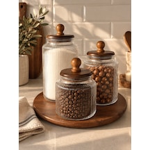 Yş Home - Döner Stand Hediyeli 3 Lü Cam Kavanoz Seti Ahşap Kapaklı Mutfak Saklama Kavanozu Kahve Şeker Draje 1700 Ml - 1200 Ml - 900 Ml