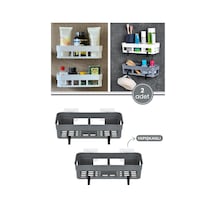 2 Adet Yapışkanlı Plastik Raf, Delme Vida Gerektirmeyen Banyo Duş Şampuan Mutfak Baharat Rafı Gri Gri