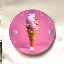 Pembe Renkli Baskı Dondurma Desenli Sayılı Hediyelik Ahşap Sessiz Duvar Saati 50cm ÇOk Renkli