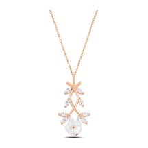Çekirdekjewelry 925 Ayar Gümüş Rose Altın Kaplama Çiçekli Zirkon Taşlı Kolye Pembe