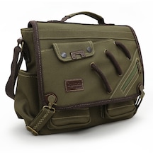 Cappadocia Vintage 4017 Haki 14" Laptop Kanvas Postacı Okul Çantası Unisex Kilitli Çok Cepli Omuz Askılı Haki