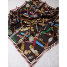 Armine 90x90 Acı Kahve Saat Desenli Tivil İpek Eşarp E24ya9141d02-85