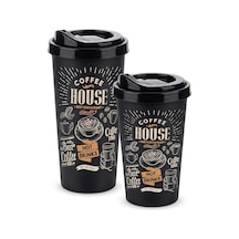 Titiz 2'li Coffee House Desenli Kahve Bardağı Seti 650 Ml + 400 Ml - Kahverengi Şık Tasarımlı Pipetli Bardak Takımı Beyaz - Çok Renkli