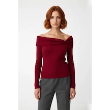 Ersefa Stil Modern Kadın Regular Standart Kol Carmen Yaka Renk Bloklu Tr Bordo