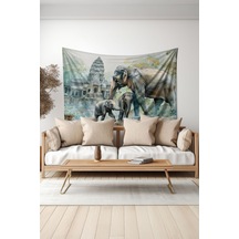 Fil Ailesi Ve Tapınak Desenli Duvar Halısı Duvar Örtüsü Tapestry Süet Dokulu Kumaş