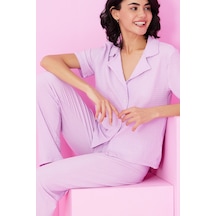 Siyah İnci Bürümcük Krınkıl Kumaş Örme Düğmeli Pijama Takım7873 Lila