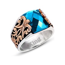 Kuyumcudukkanı Baget Taşlı Yanı Bronz Parçalı Elyapımı Gümüş Erkek Yüzük-60009-w-blu 33 Beyaz