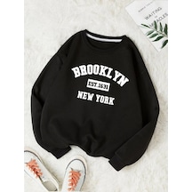 Brooklyn 1631 Sweatshirt - Siyah Baskılı Oversize Kalın Kışlık Bisiklet Yaka Siyah