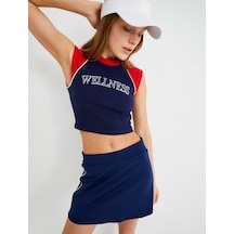 Koton Spor Kolsuz Crop Tişört Renk Bloklu Yuvarlak Yaka Baskılı Ribanalı Slim Fit Lacivert 4sak10216nk Lacivert