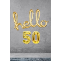 50 Yaş Doğum Günü Balonları - Hello 50 El Yazısı Gold Renk Folyo Balon 2 Yaş Mavi
