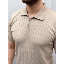 Epilons Zenda1125 Erkek Yazlık Triko Saç Örgü Tişört Kısa Kol Polo Yaka Fermuarlı T-shirt - Bej Zenda478