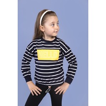 Toontoy Kız Çocuk Çizgi Desenli Baskılı Sweatshirt Lacivert