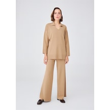 Peraluna Polo V Yaka Bol Kesim Kadın Triko Kazak Camel Melanj Camel