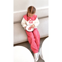 Elzo Collection Kız Çocuk Pötikare Bebe Yaka Ayıcık Baskılı Sweatshirt Pötikare Gabardin Denim Kot Pantolon Alt Üst Takım Ekru - Kırmızı